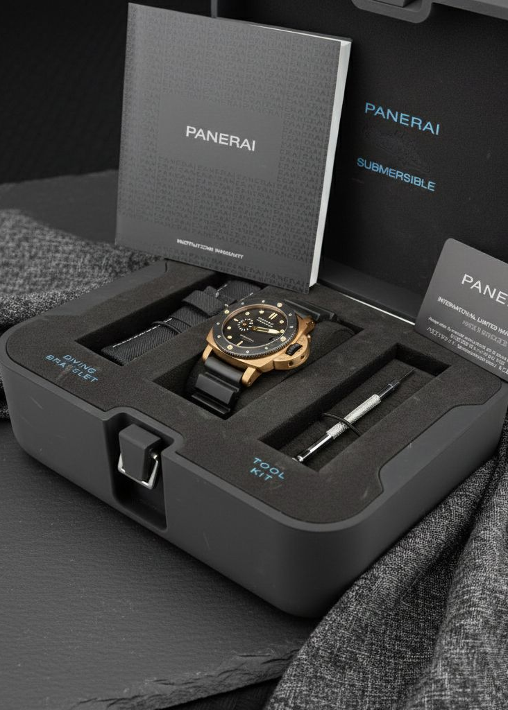 Panerai watch in a display case with branded box and papers.