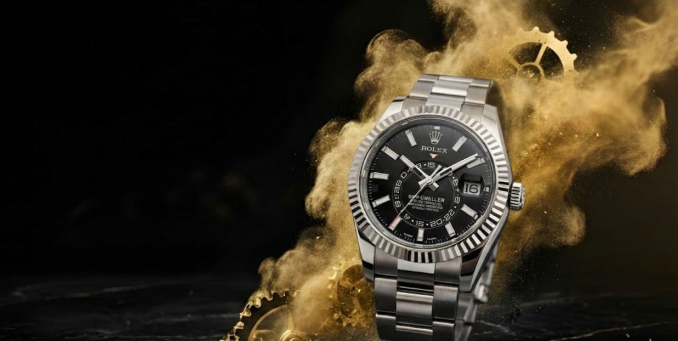 Luxury watch with black dial and silver case on a dark background with gold smoke effect